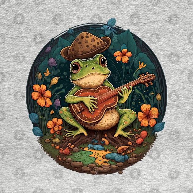 Cottagecore aesthetic cute frog playing ukelele on Mushroom by JayD World